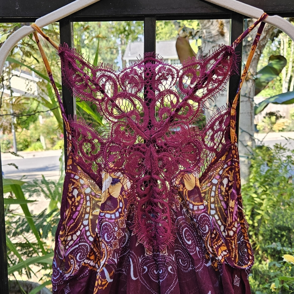 Free People Who's Sorry Now Printed Mini Slip Dress Sleeveless Lace Wine Sm NWT - Picture 11 of 15
